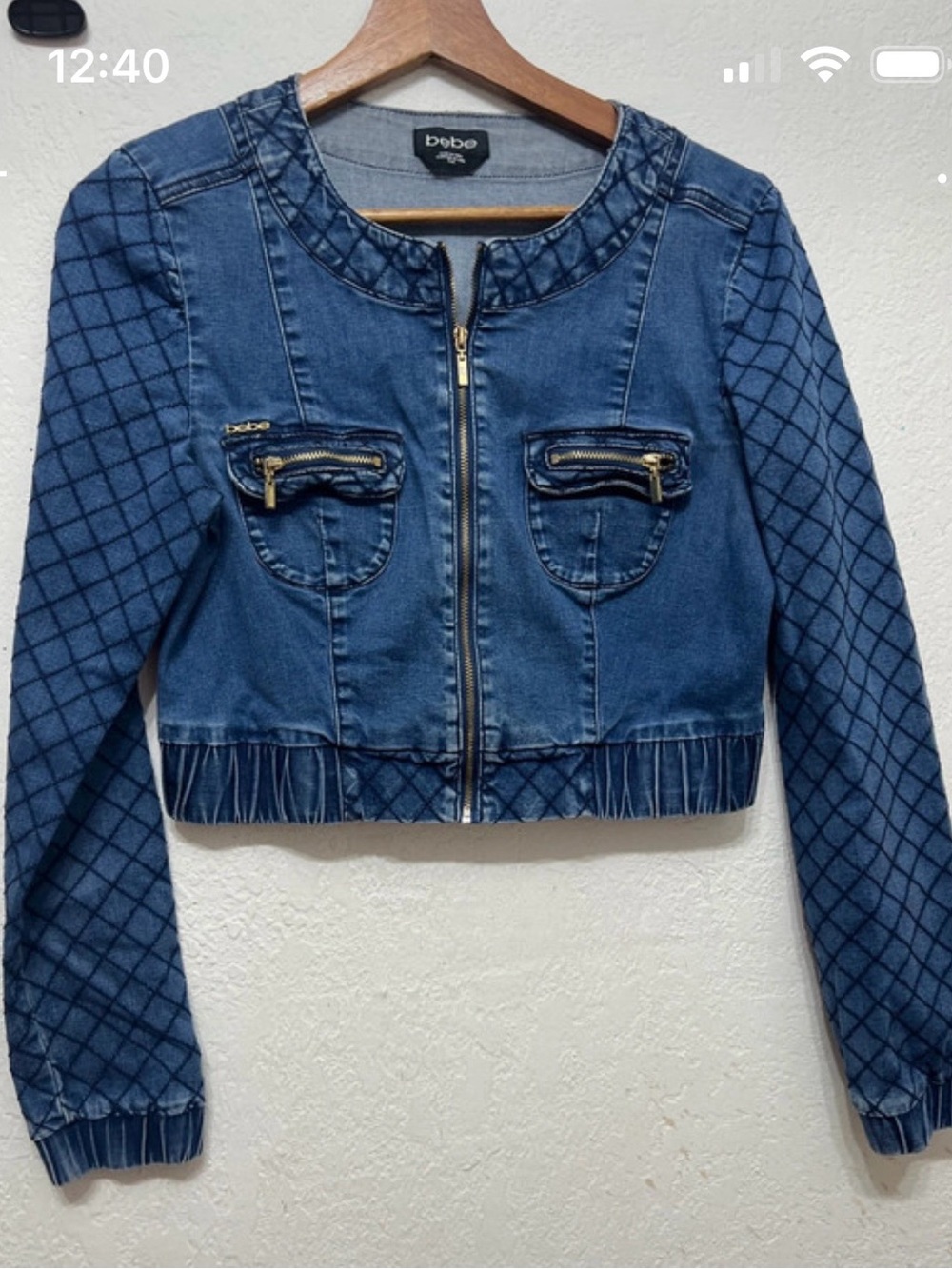 bebe Blue Quilted-Sleeve Denim Zip Jacket